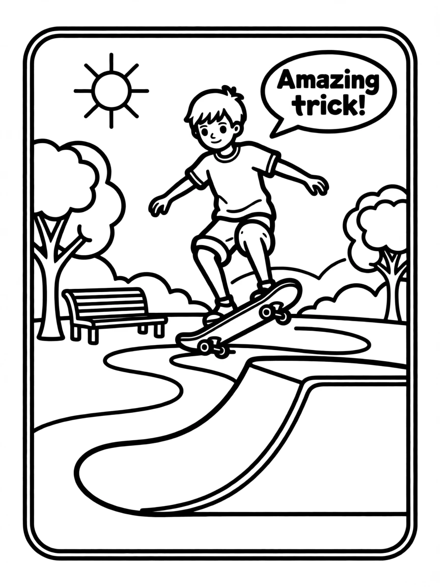 Zoro skateboarding in the park, inside a comic book frame.