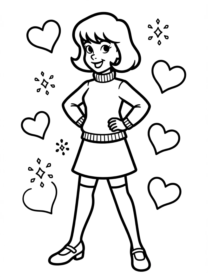 Velma posing heroically, with hearts and sparkles around.