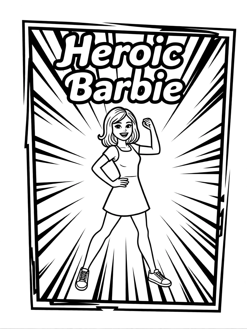 Barbie posing heroically, inside a comic book frame.
