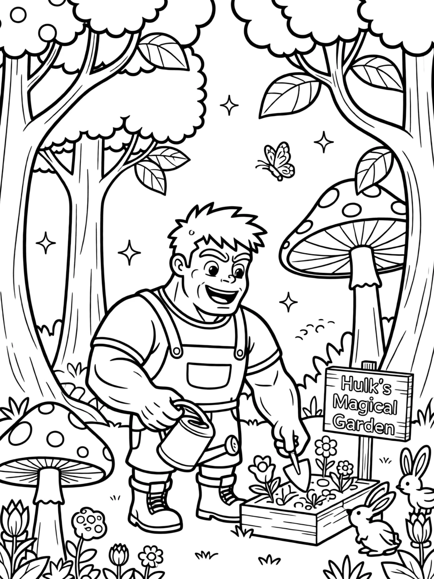 Hulk gardening, in a magical forest setting.