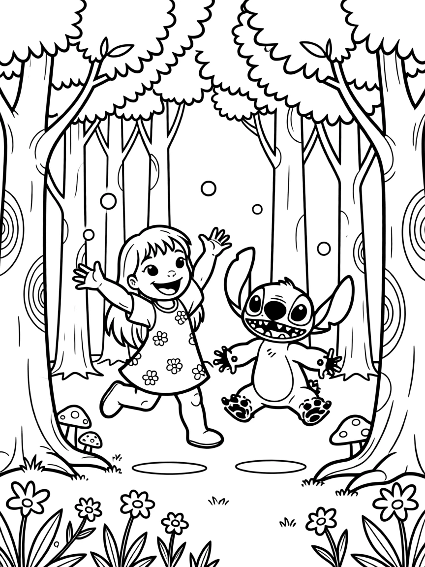 Lilo and Stitch jumping with joy, in a magical forest setting.