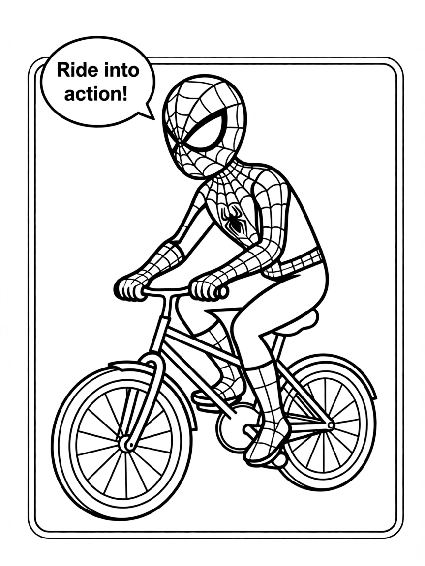 Spider-Man riding a bicycle, inside a comic book frame.