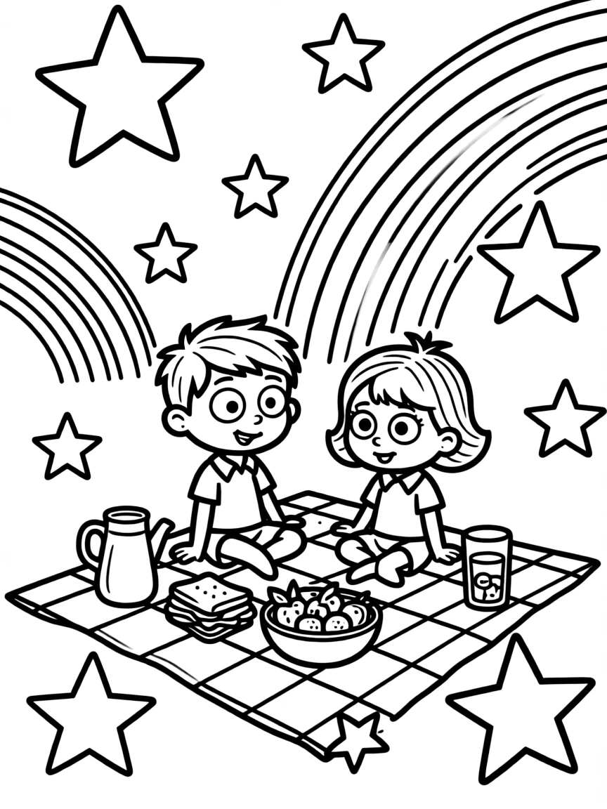 Rugrats having a picnic, with stars and rainbows in the background.