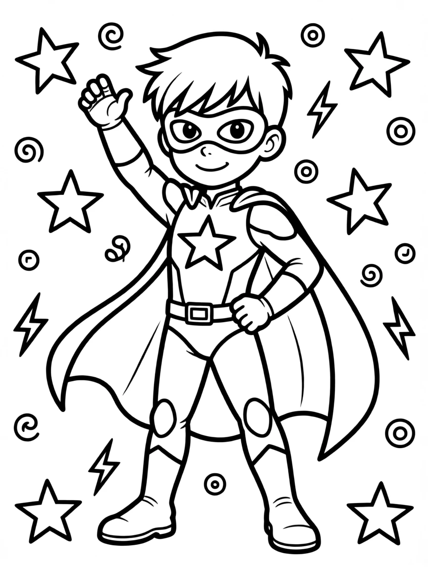 Zoro wearing a superhero costume, with playful patterns around.