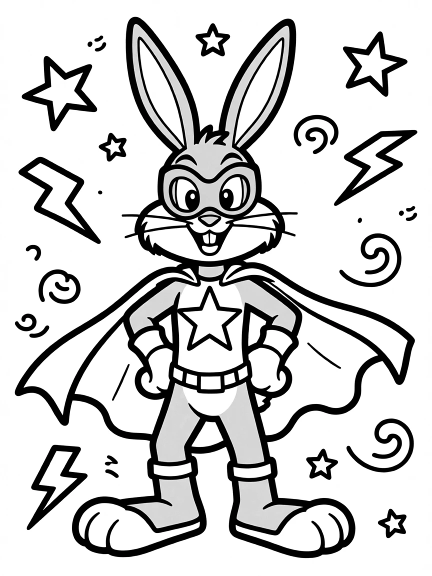 Bugs Bunny wearing a superhero costume, with playful patterns around.