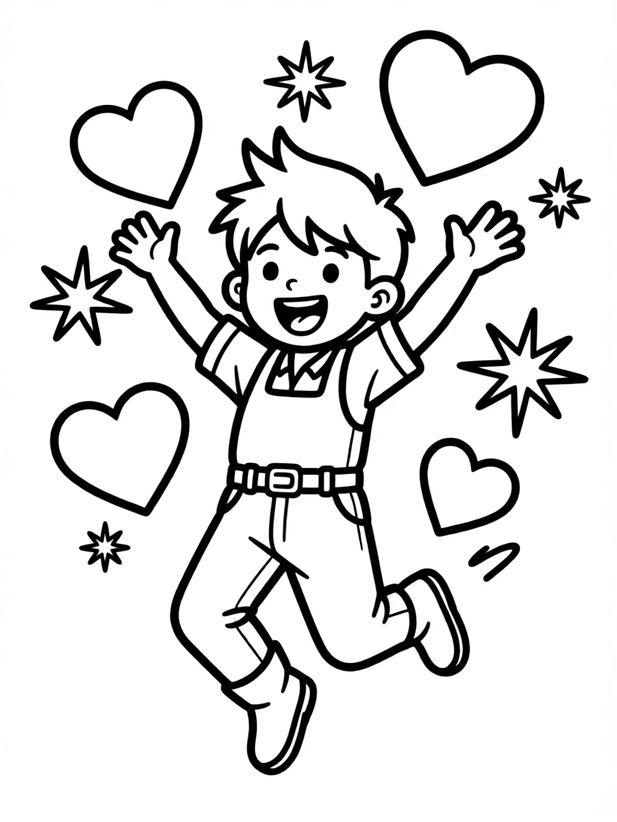 Vegeta jumping with joy, with hearts and sparkles around.