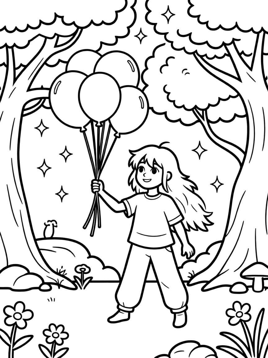 Legend of Korra playing with balloons, in a magical forest setting.