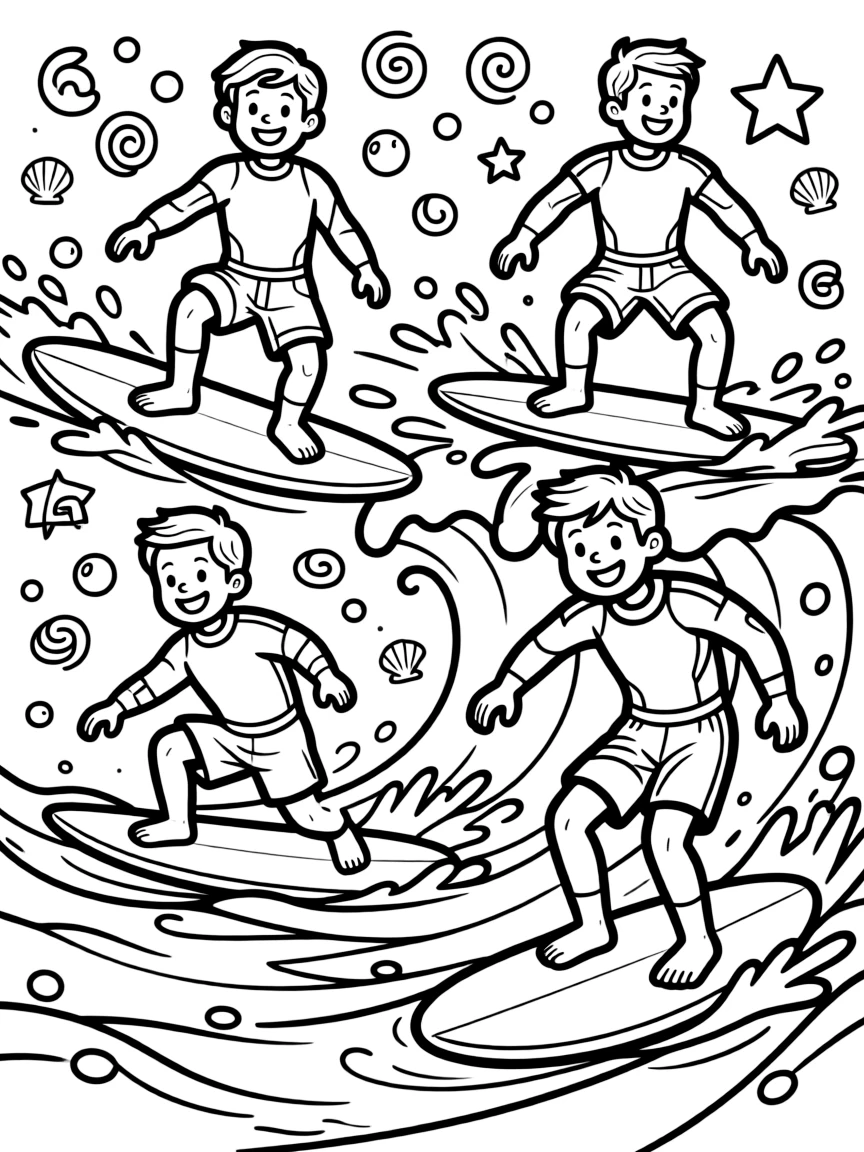 Justice League surfing on waves, with playful patterns around.
