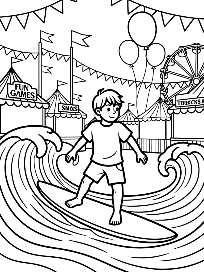 Avatar: The Last Airbender surfing on waves, at a carnival with colorful decorations.