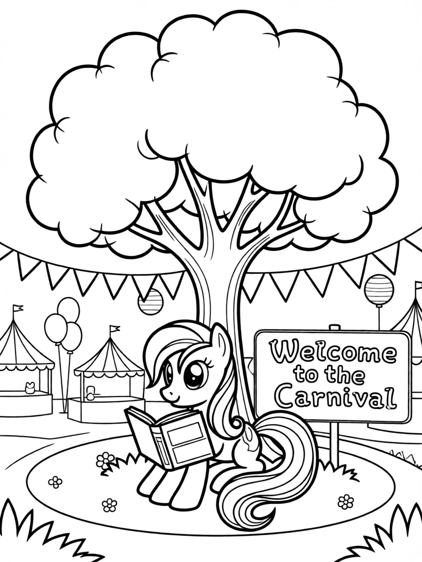 My Little Pony reading a book under a tree, at a carnival with colorful decorations.