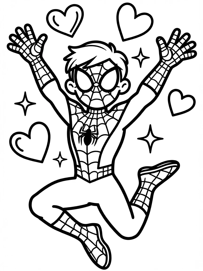 Spider-Man jumping with joy, with hearts and sparkles around.
