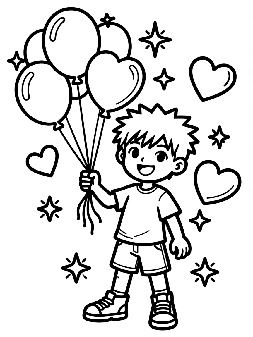 Sasuke playing with balloons, with hearts and sparkles around.