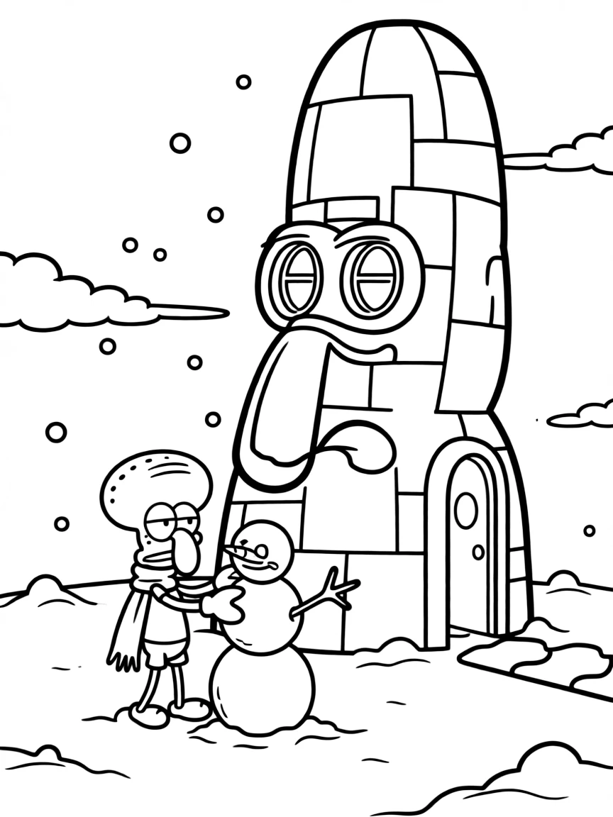 Squidward Tentacles playing in the snow, in front of their famous house or scene.