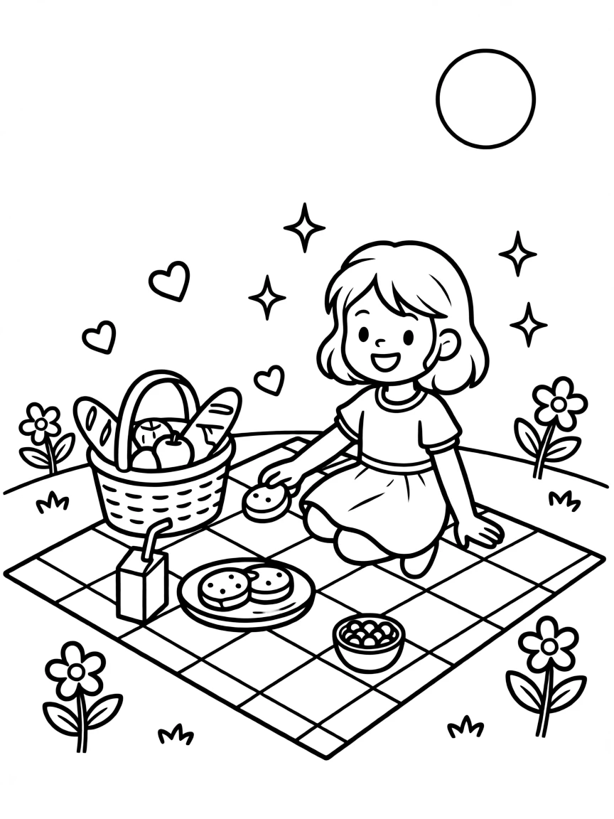 Nami having a picnic, with hearts and sparkles around.