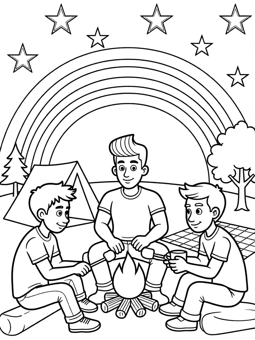 Johnny Bravo camping with friends, with stars and rainbows in the background.