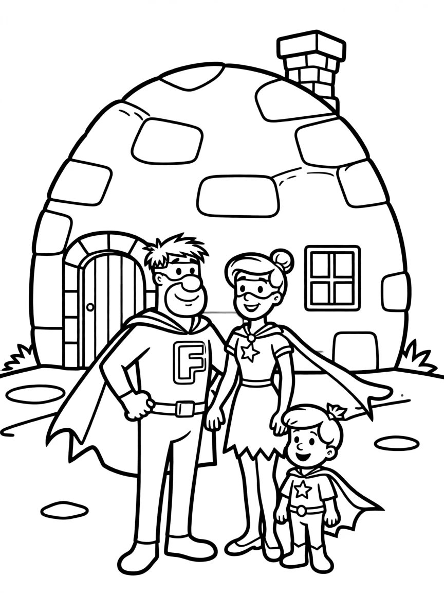 The Flintstones wearing a superhero costume, in front of their famous house or scene.