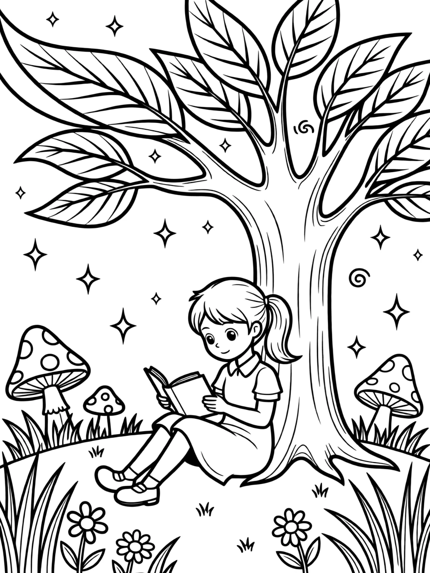 Nami reading a book under a tree, in a magical forest setting.