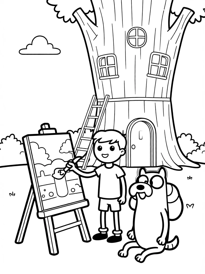 Finn and Jake painting a picture, in front of their famous house or scene.