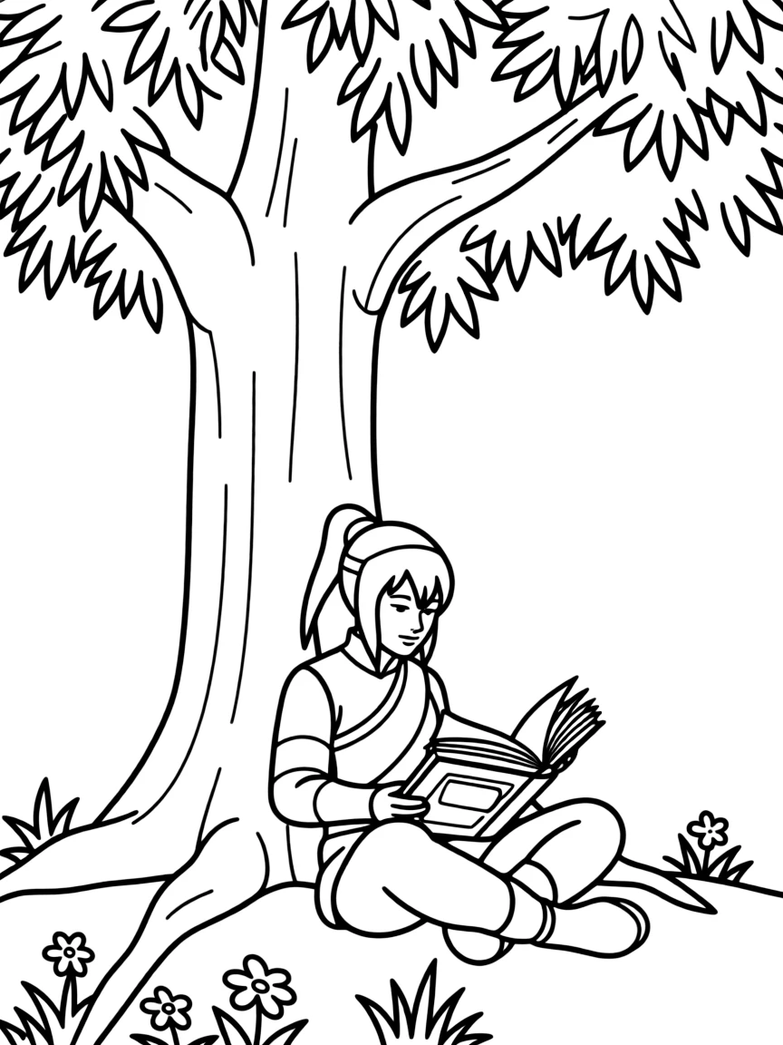 Legend of Korra reading a book under a tree, with big bold outlines for easy coloring.