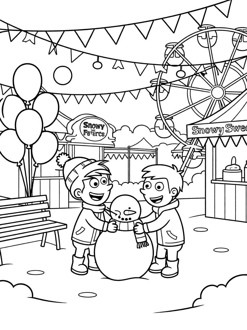 Phineas and Ferb playing in the snow, at a carnival with colorful decorations.