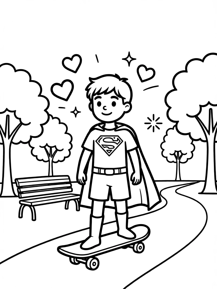Superman skateboarding in the park, with hearts and sparkles around.