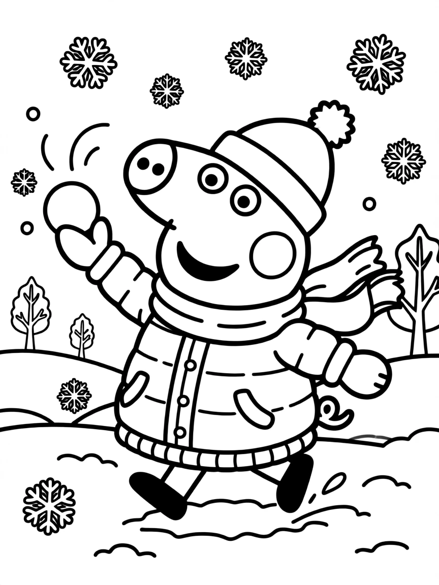 Peppa Pig playing in the snow, with playful patterns around.