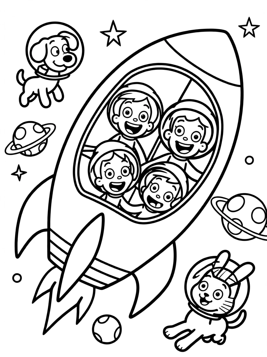 Fairly OddParents exploring space in a rocket, surrounded by friendly animals.