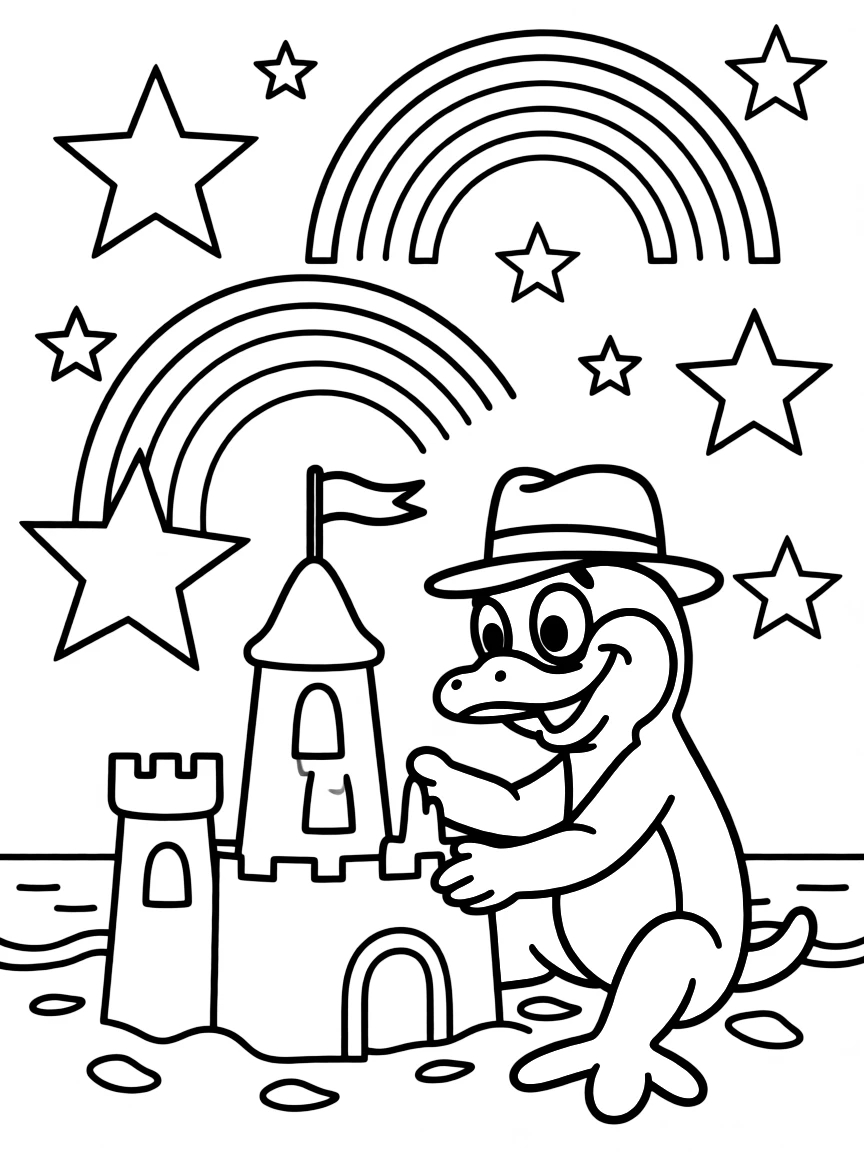 Perry the Platypus building a sandcastle, with stars and rainbows in the background.