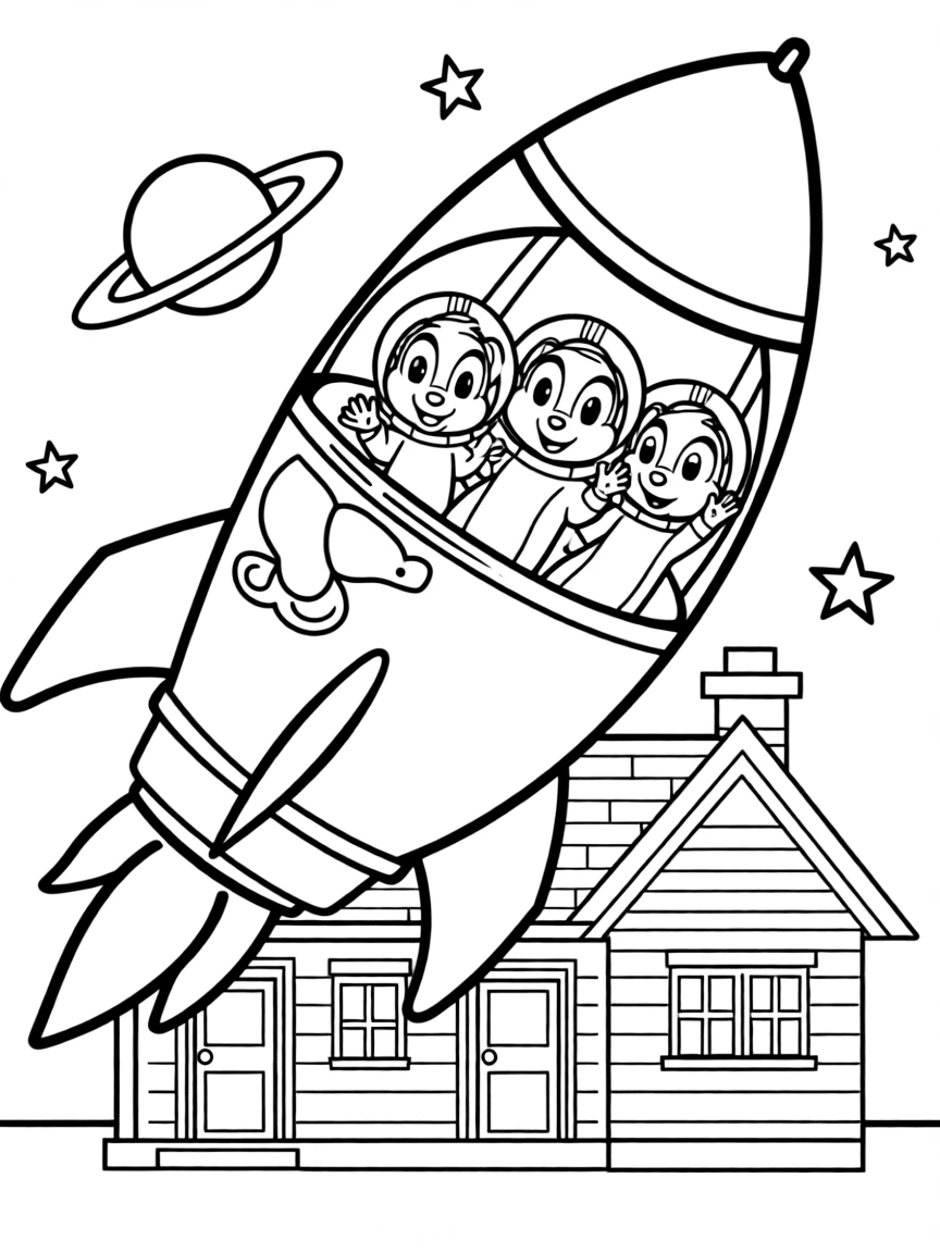 Alvin and the Chipmunks exploring space in a rocket, in front of their famous house or scene.