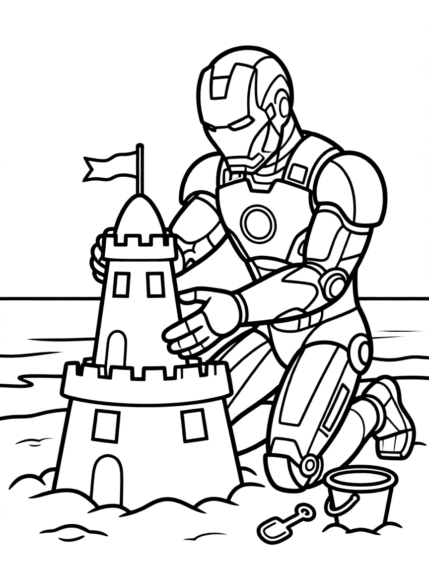 Iron Man building a sandcastle, with big bold outlines for easy coloring.