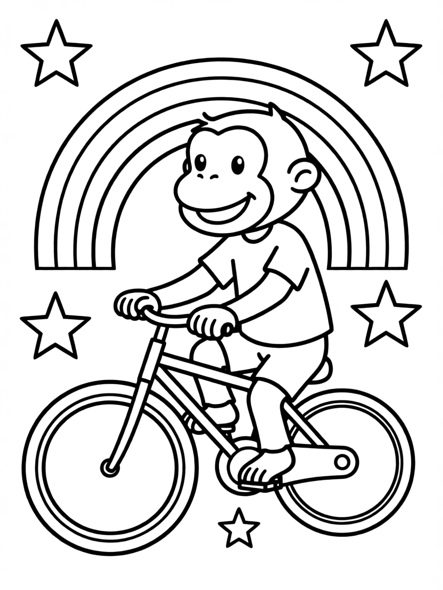 Curious George riding a bicycle, with stars and rainbows in the background.