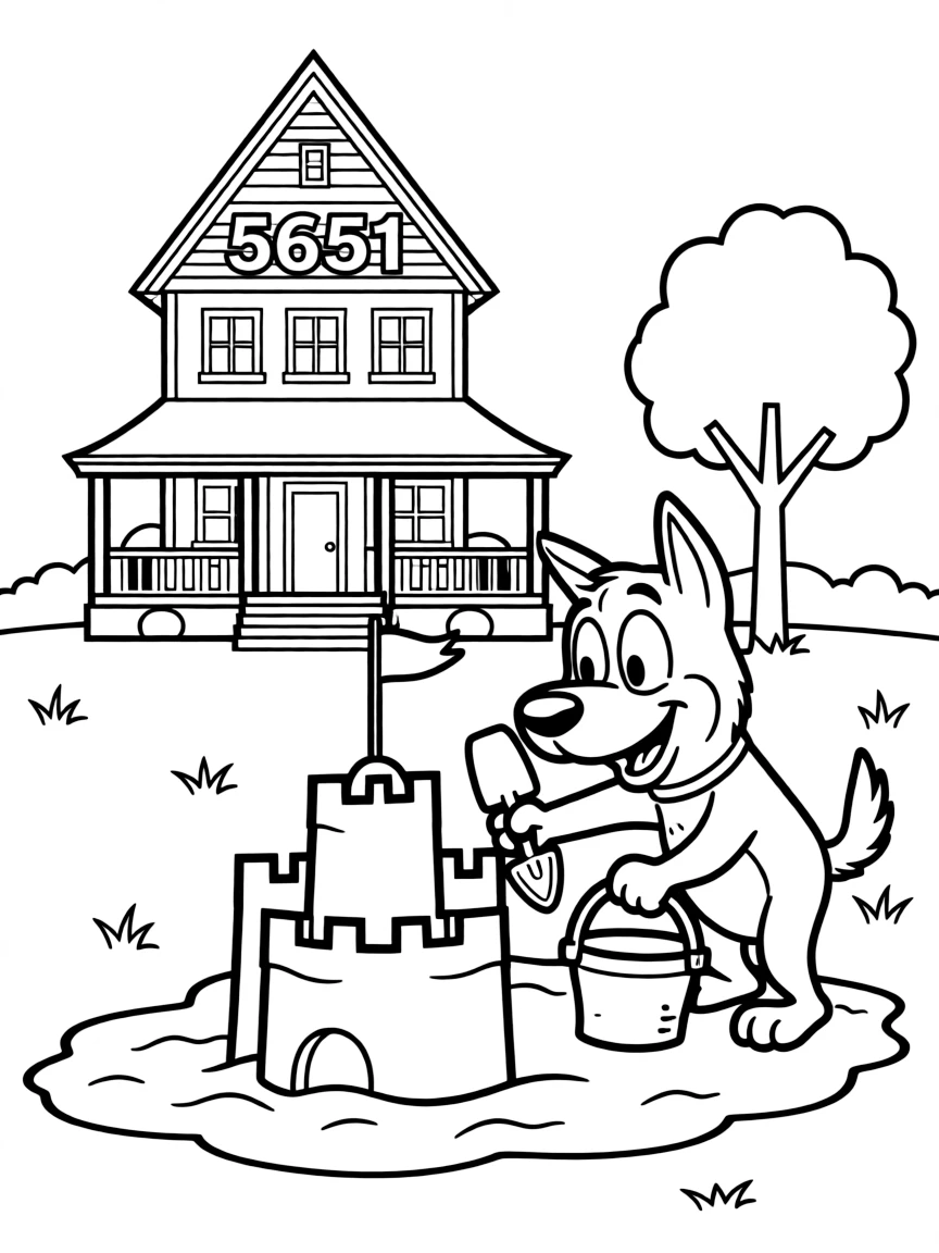 Courage the Cowardly Dog building a sandcastle, in front of their famous house or scene.