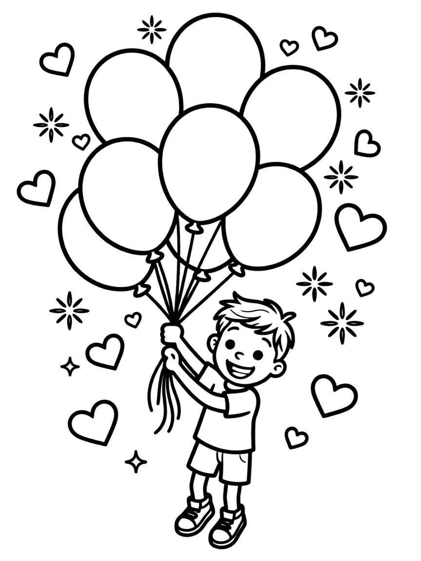 Diego flying with balloons, with hearts and sparkles around.