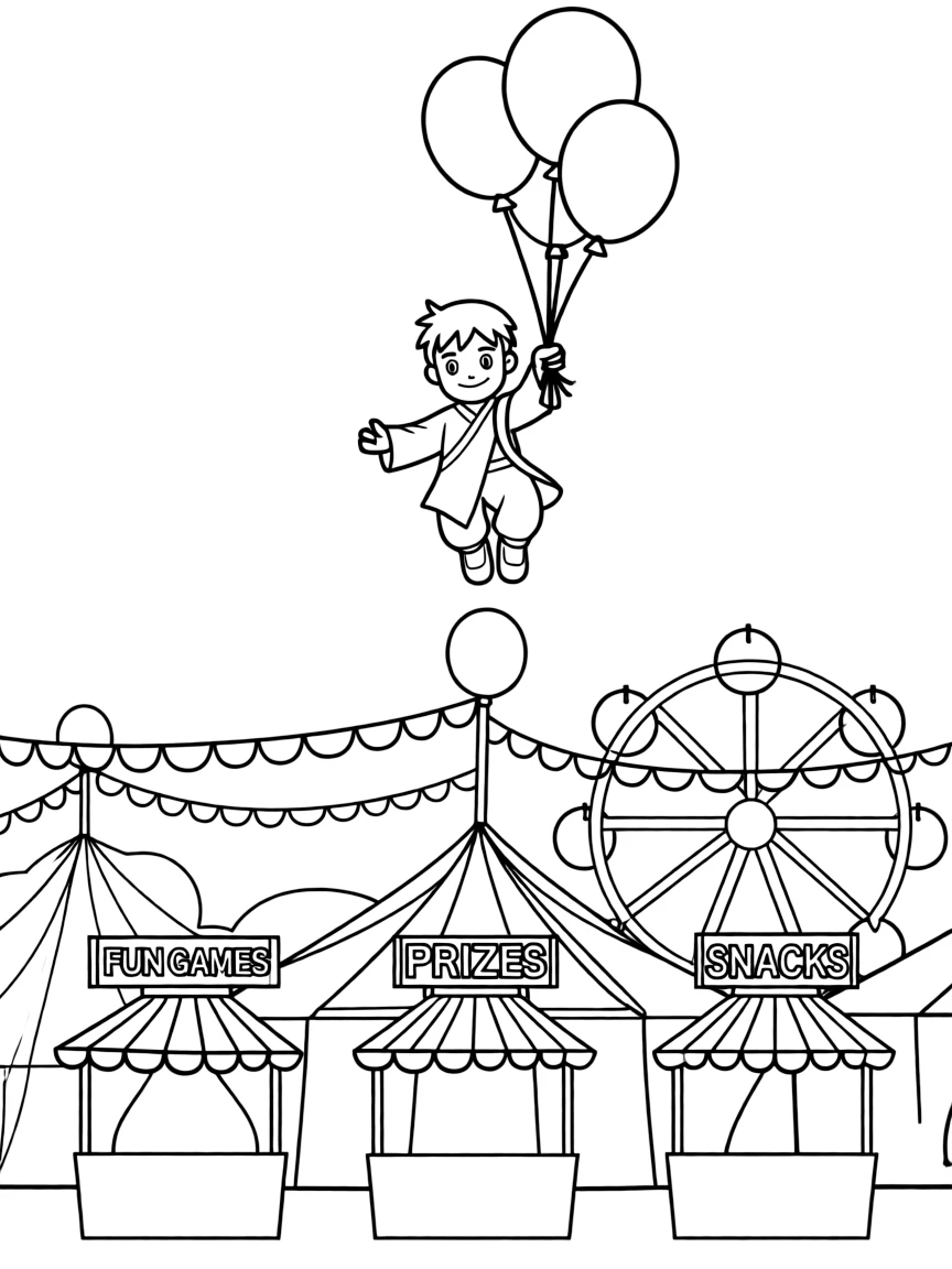 Avatar: The Last Airbender flying with balloons, at a carnival with colorful decorations.