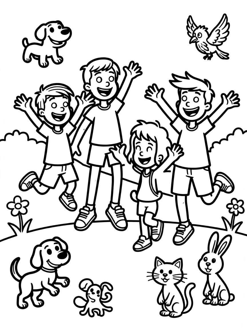 The Loud House jumping with joy, surrounded by friendly animals.