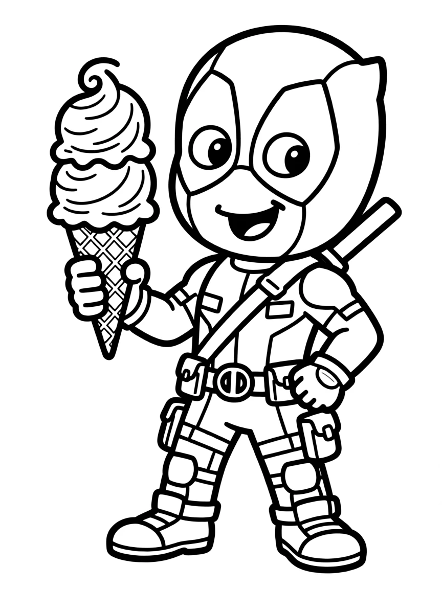 Deadpool enjoying an ice cream cone, with big bold outlines for easy coloring.