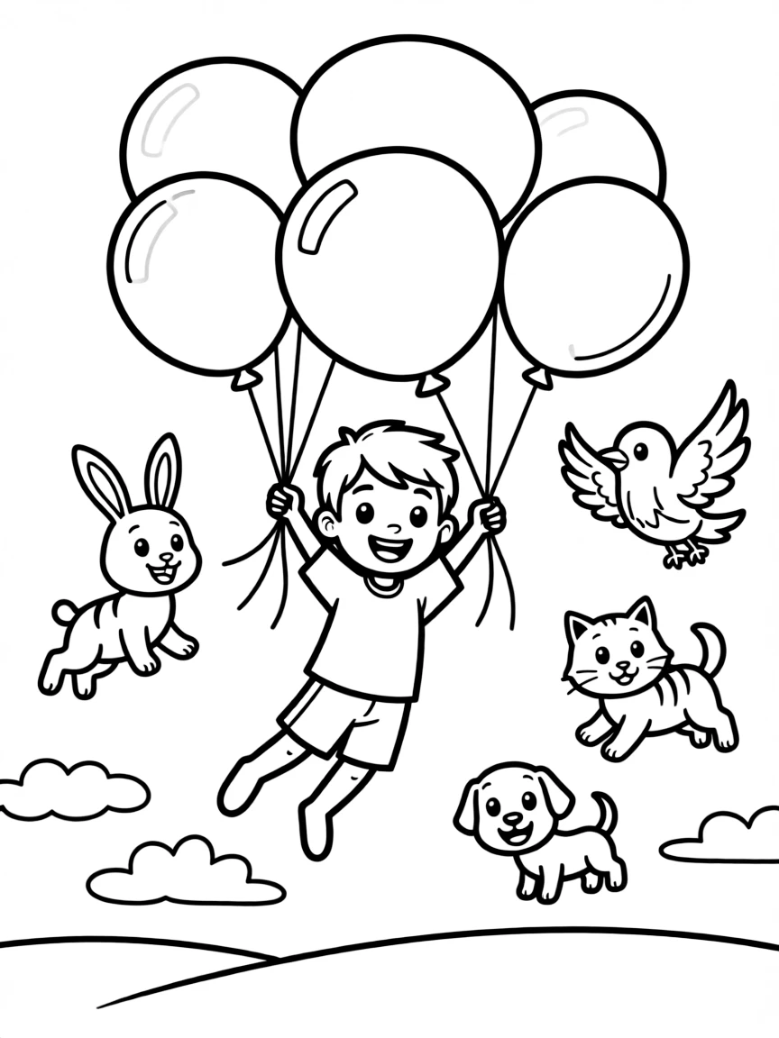 Cocomelon flying with balloons, surrounded by friendly animals.