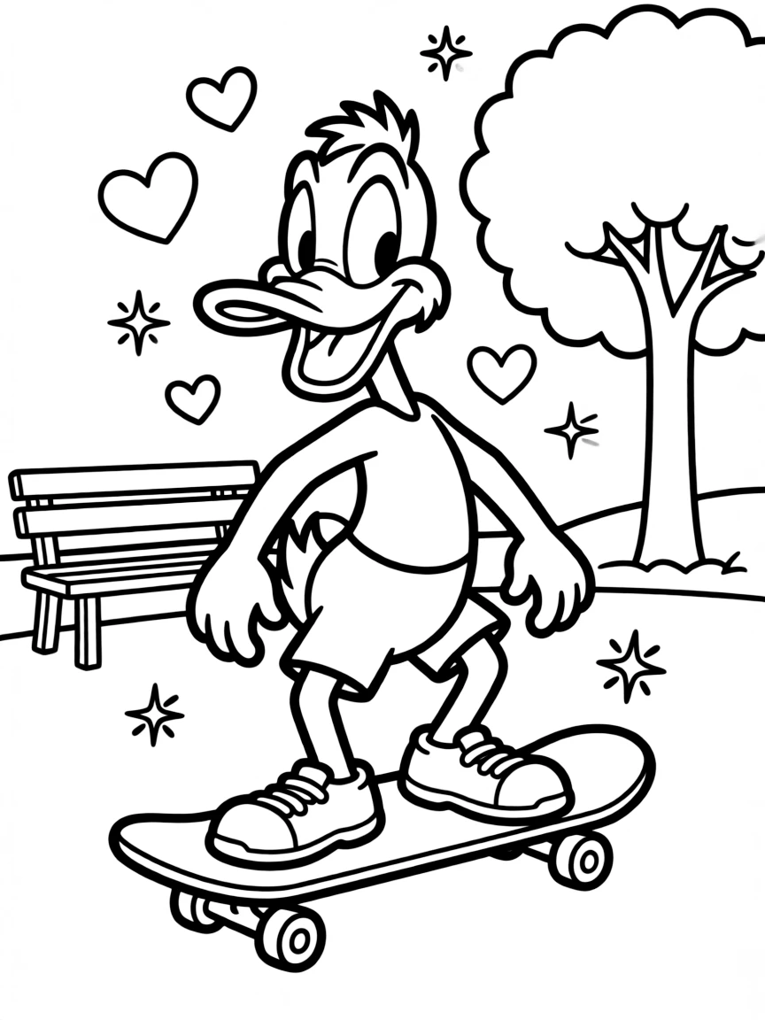 Daffy Duck skateboarding in the park, with hearts and sparkles around.