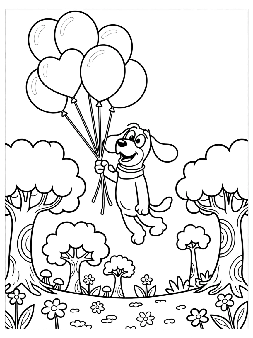 Courage the Cowardly Dog flying with balloons, in a magical forest setting.