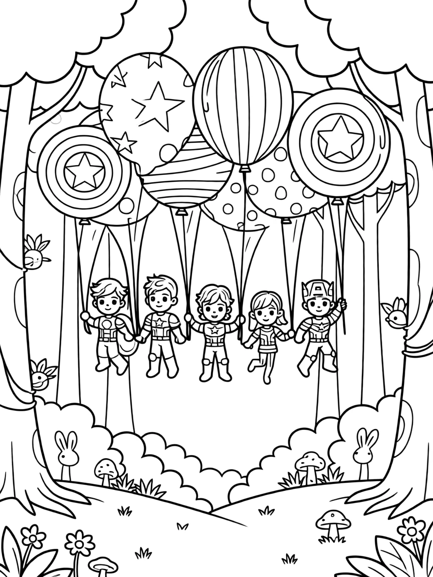 Avengers flying with balloons, in a magical forest setting.
