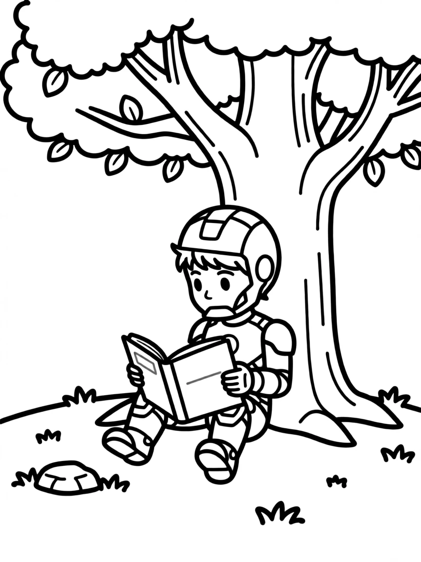 Iron Man reading a book under a tree, with big bold outlines for easy coloring.