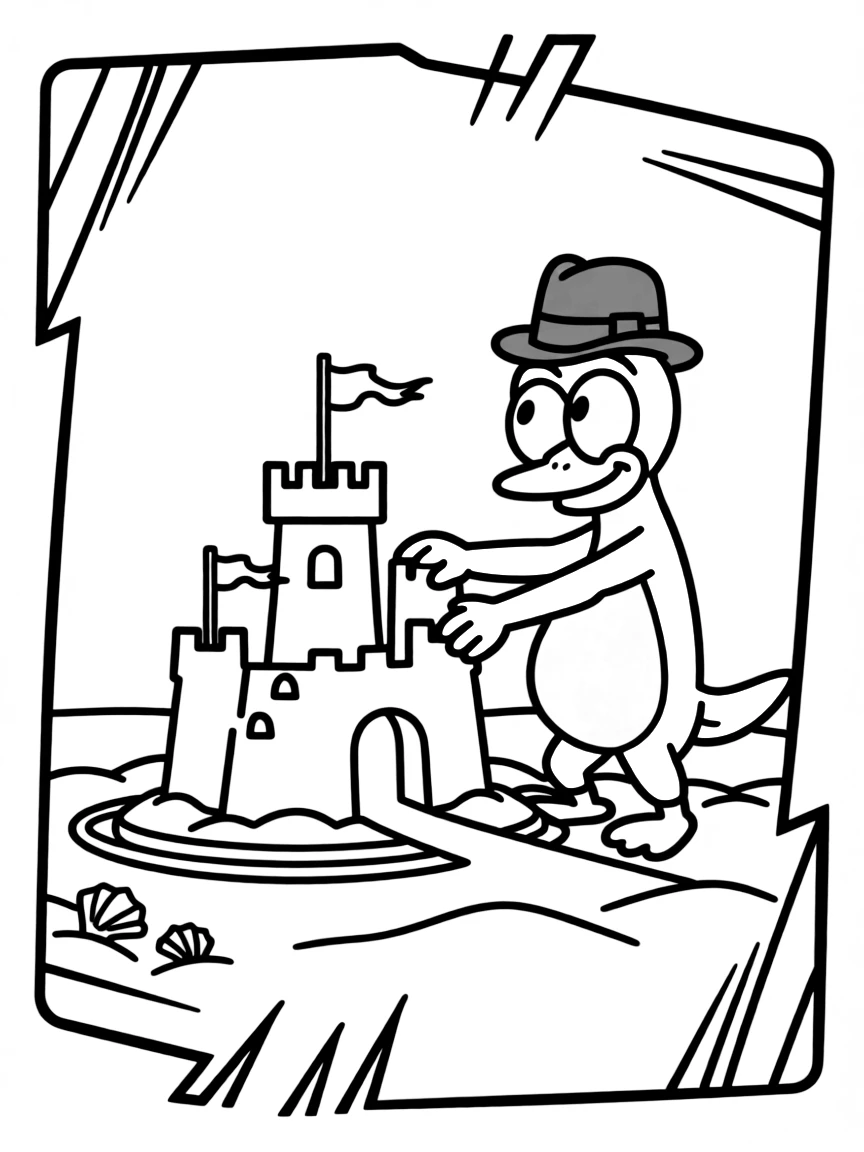 Perry the Platypus building a sandcastle, inside a comic book frame.
