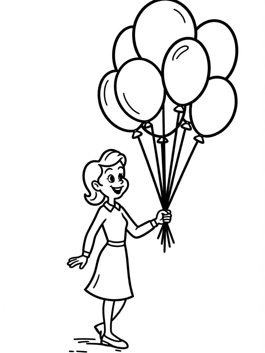 Olive Oyl playing with balloons, with big bold outlines for easy coloring.