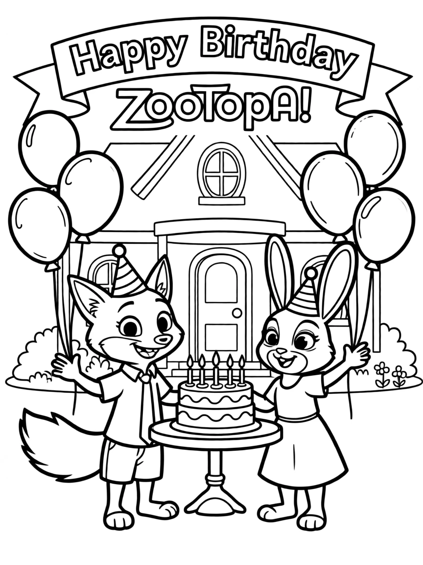 Zootopia celebrating a birthday, in front of their famous house or scene.