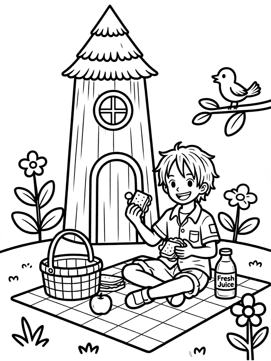 Usopp having a picnic, in front of their famous house or scene.