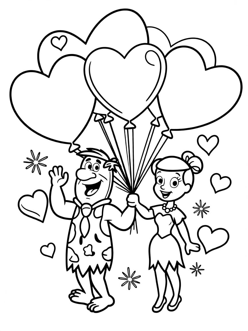 The Flintstones flying with balloons, with hearts and sparkles around.