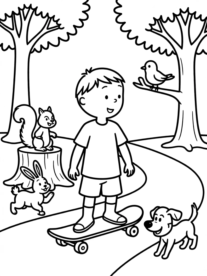 Caillou skateboarding in the park, surrounded by friendly animals.