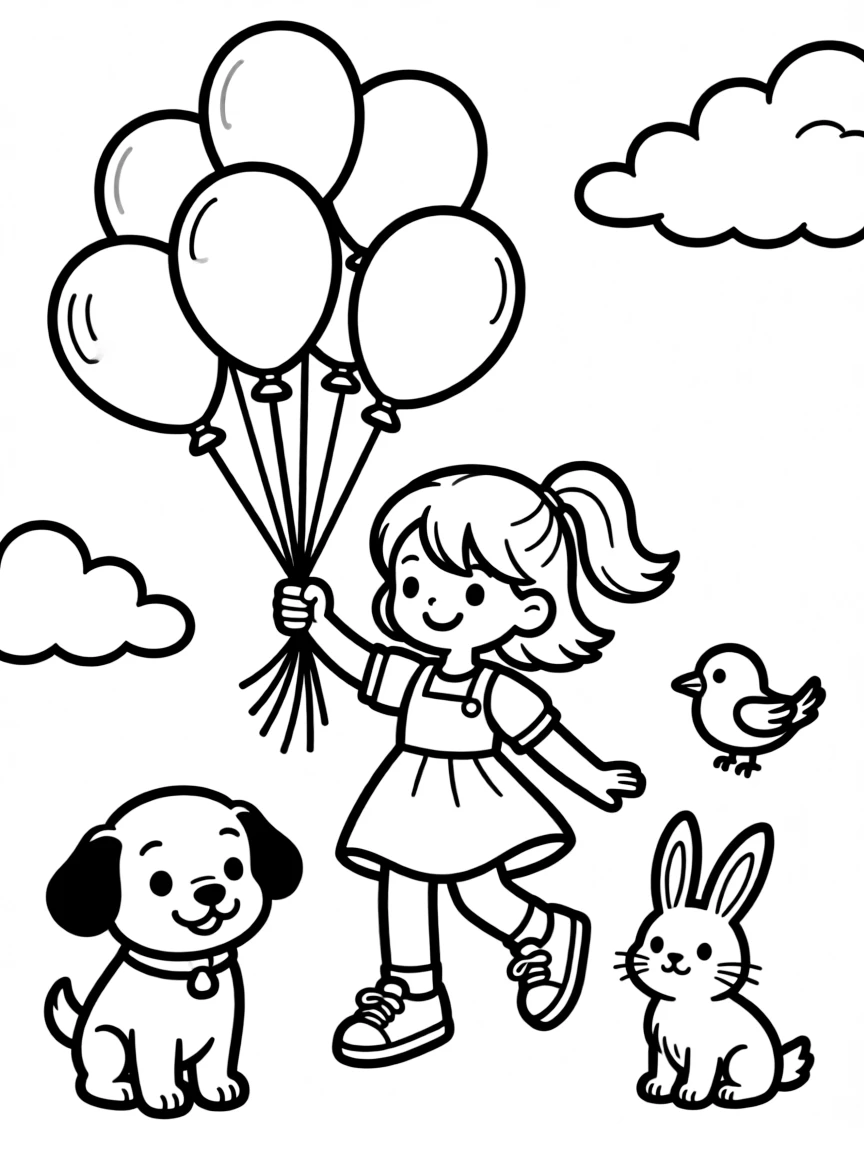 Nami flying with balloons, surrounded by friendly animals.