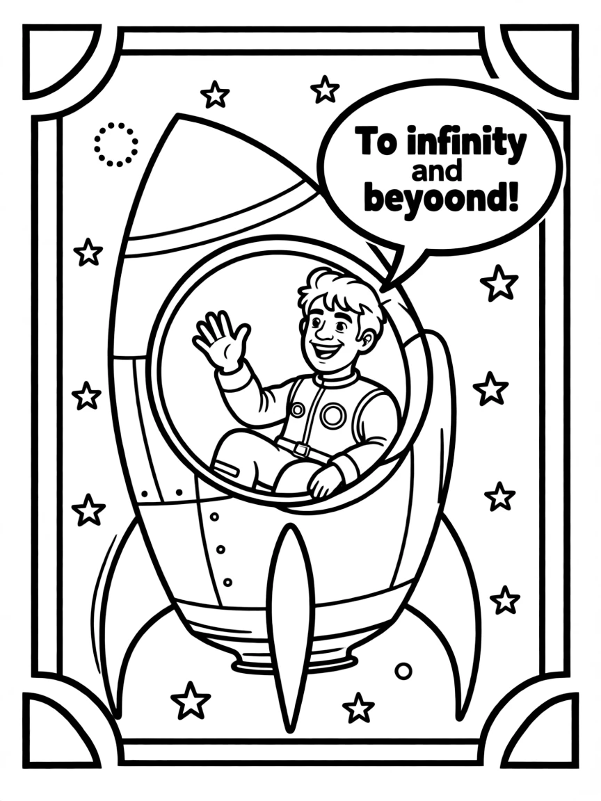 Goofy exploring space in a rocket, inside a comic book frame.