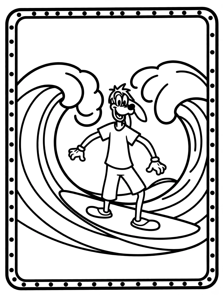 Goofy surfing on waves, inside a comic book frame.